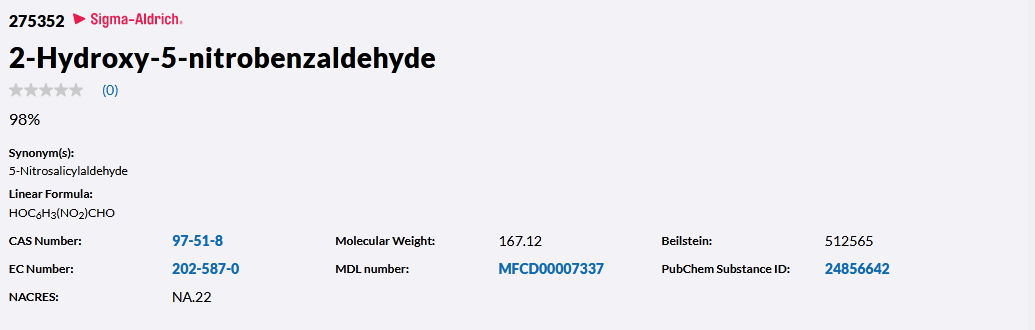 2- Hydroxy-5-nitro benzaldehyde code 275352 Sigma Aldrich -